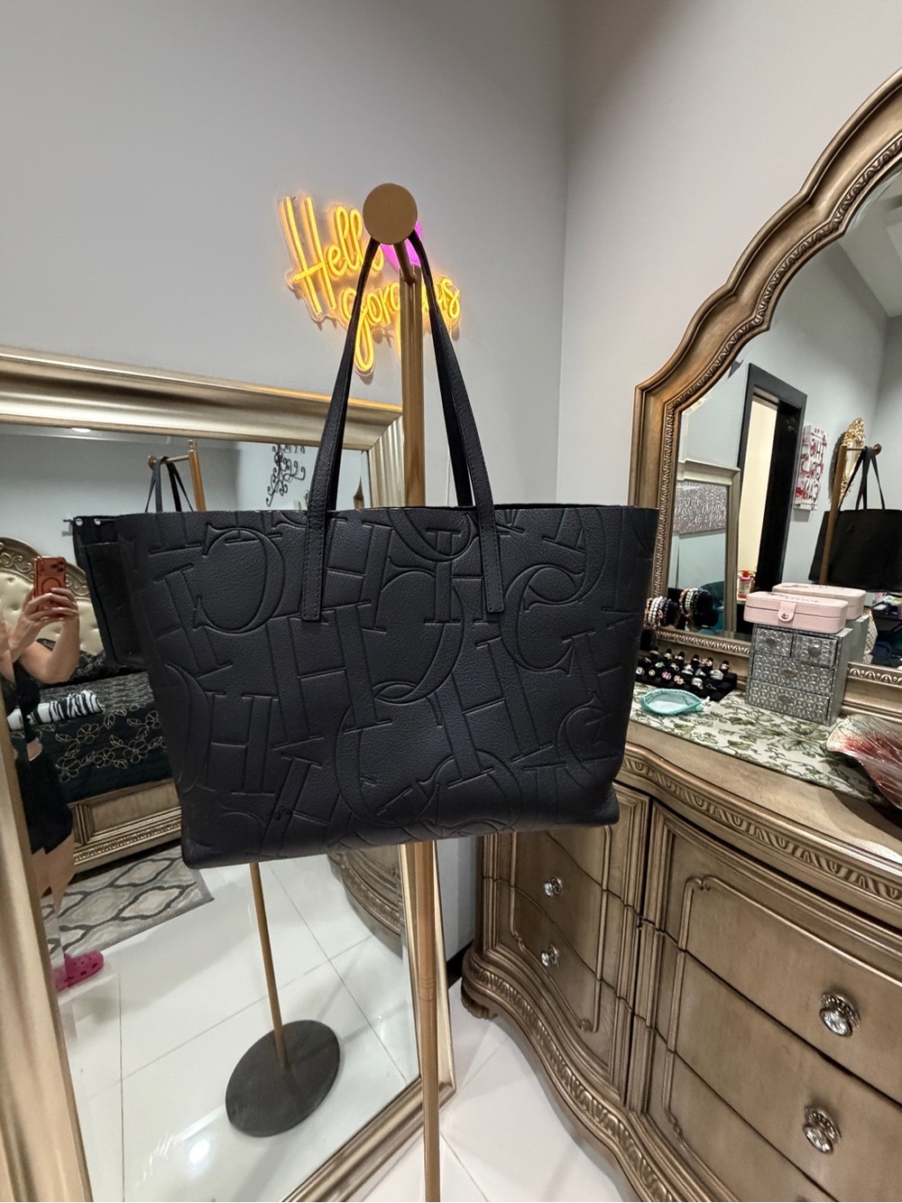 Carolina Herrera Black Embossed Logo Tote